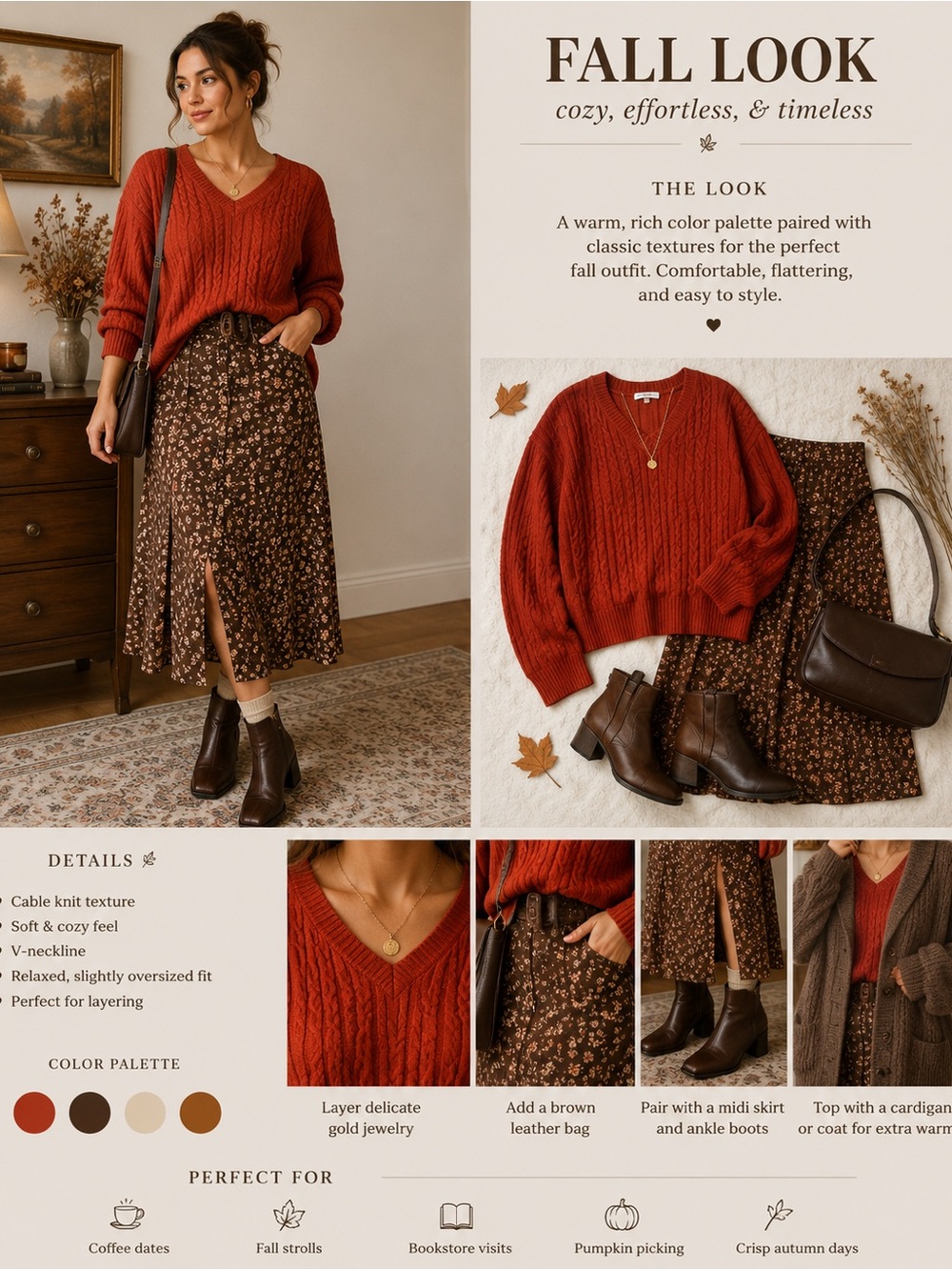 croft & barrow Rust V‑Neck Cable Knit Sweater with Brown Floral Midi Skirt